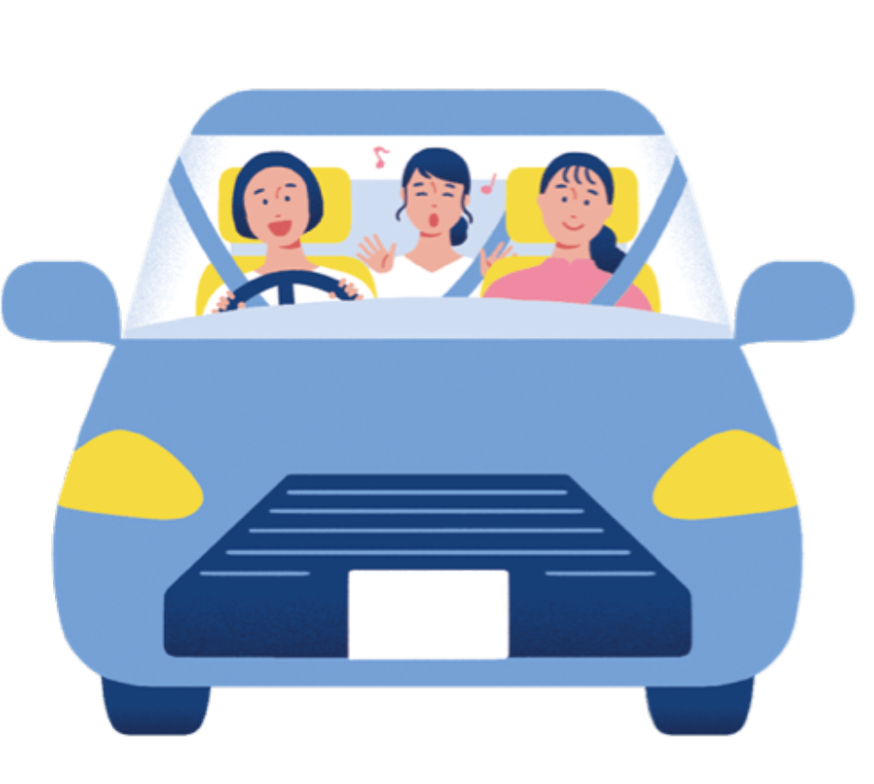 車に乗る三人の女性のイラスト