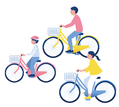 自転車に乗る三人家族のイラスト