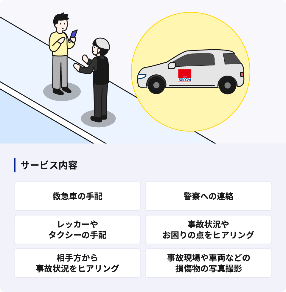 サービス内容 救急車の手配・警察への連絡・レッカーやタクシーの手配・事故状況やお困りの点をヒアリング・相手方から事故状況をヒアリング・事故現場や車両などの損傷物の写真撮影