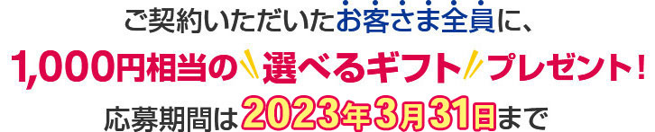 ご契約いただいたお客さま全員に、1,000円相当の「選べるギフト」プレゼント！応募期間は3月31日まで