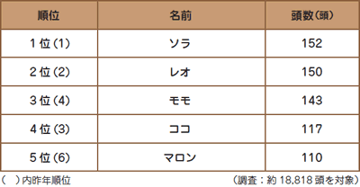 猫の名前ランキング2015の表